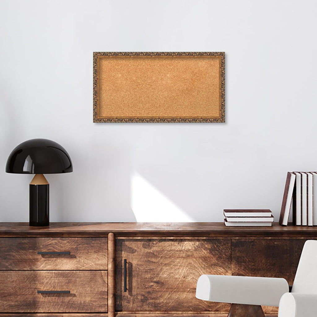 Amanti Art Natural Cork Board for Wall, 14x26 Vision Board with Bronze Frame, Small Corkboard Office Decor for Home Organization, Traditional Corkboard Pinboard to Display Items for Home Organization
