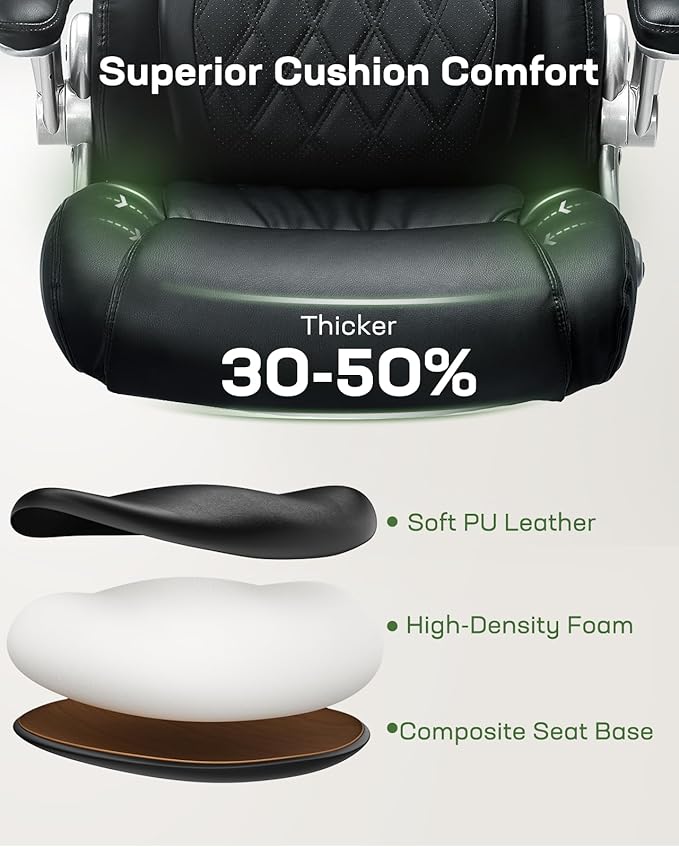 Marsail Comfortable-Office Chair with Dynamic-Lumbar Support: High Back PU Leather Executive Office Chair with Flip-up Arms Tilt Function, Ergonomic Executive Desk Chair for Home Office Work, Black