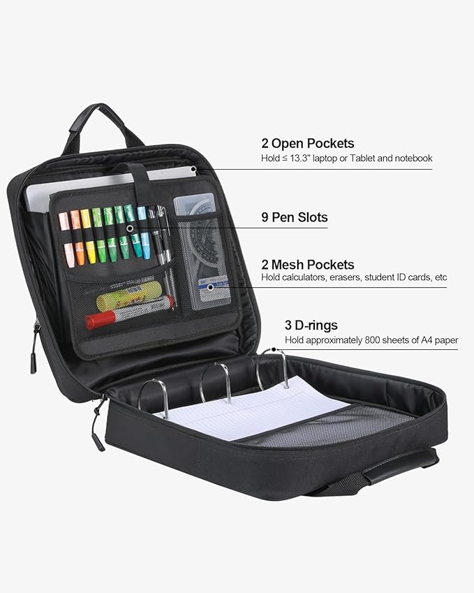 4 Inch 3 Ring Zipper Binder with Shoulder Strap & Handle & Multi-Pocket - 4" Binder with Zipper for School, Compatible with 13-Inch MacBook/Tablet -Patent Design Black