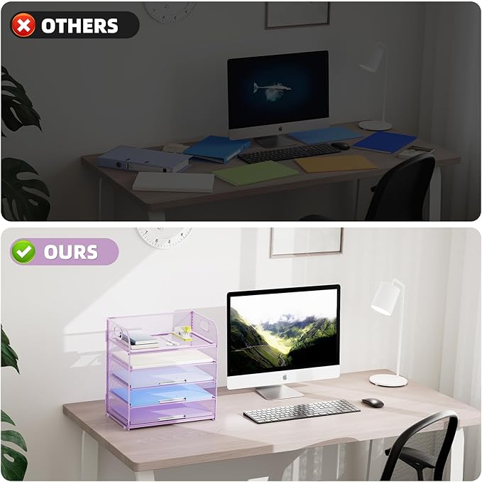 Marbrasse Paper Organizer Letter Tray, 5 Tier Mesh File Organizer with Handle, Paper Sorter Desk Organizer for Home Office Supplies - Purple