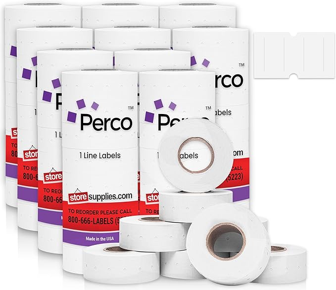Perco 1 Line White Labels - 80 Rolls, 10 Sleeves, 80,000 Blank Price and Date Gun Labels for Perco 1 Line Price and Date Guns - Made in USA