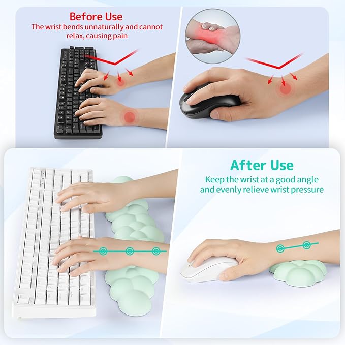 Cloud Wrist Rest Keyboard, Cloud Keyboard Wrist Pad Set with PU Leather Memory Foam, Cute Arm Rest for Palm Support, PC/Gaming Desk Accessories/Office Setup/Computer Hand Cushion-Light Green