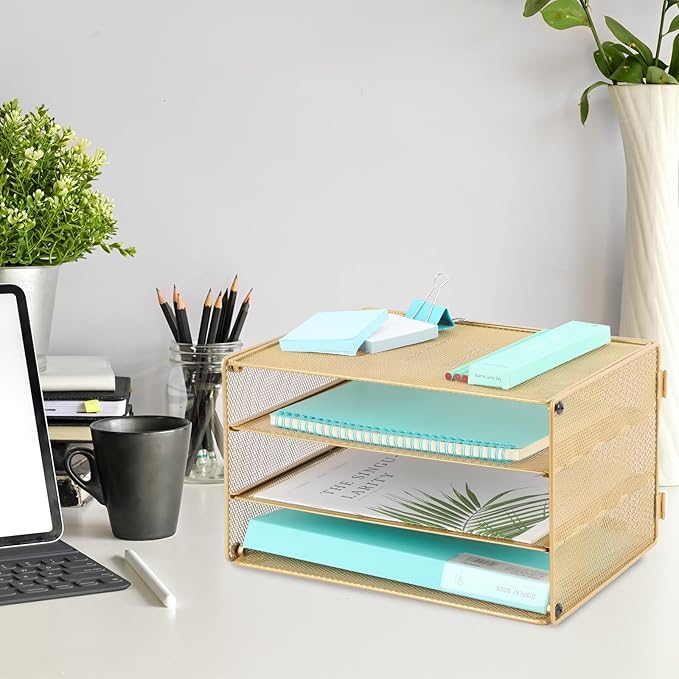 EASEPRES 3 Tier Desk Paper Organizer, Gold