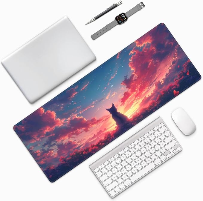 Gaming Mouse Pad Desk Pad,Extended Big Mouse Pad,31.5x11.8 Inch Long Computer Keyboard Mouse Mat Mousepad with 3mm Non-Slip Base and Stitched Edge for Gaming and Office… (Sunset Cat)