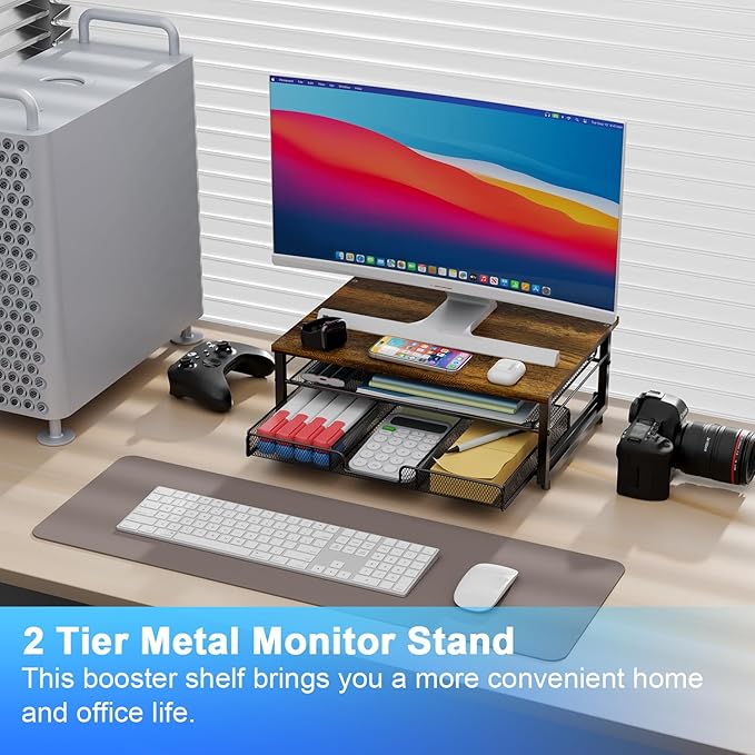 gianotter Computer Monitor Stand Riser, office organizer with Drawer, Office Organizers Storage for Classroom Office Supplies (Wood)