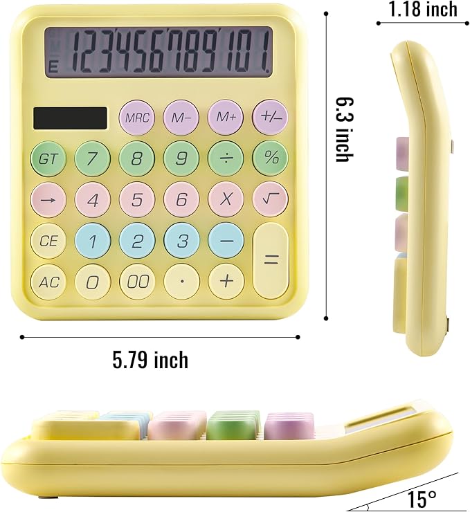 Golcellia Calculators Desktop, Yellow Mechanical Calculator, Cute Calculator 12 Digit Desk Basic Calculator Large Display, Dual Power Solar Battery, Office Home School Supplies for Adults & Students