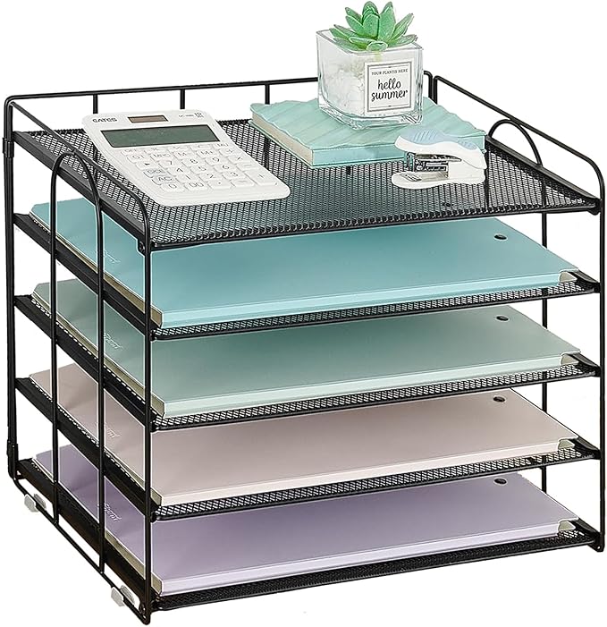 5 Tier Mesh Paper Letter Tray Organizer, Desktop Mail Sorter Office Supplies Organizer for Desk, Desk Organizers and Accessories (Black)