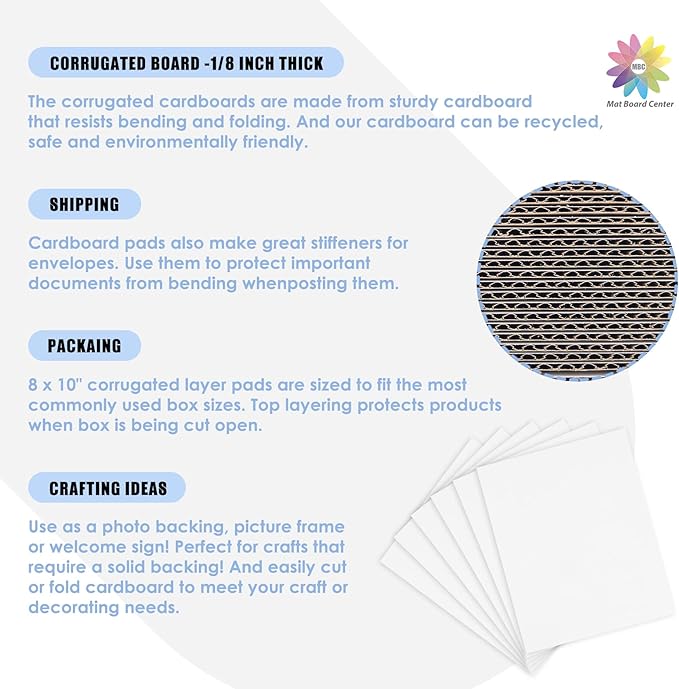 Mat Board Center, 25 pack 8x10 Corrugated Cardboard sheet, 1/8 inch thick, Flat Cardboard Inserts for Mailing, Packaging & Shipping, Cardboard Backing, Craft Card Board (White on one side)