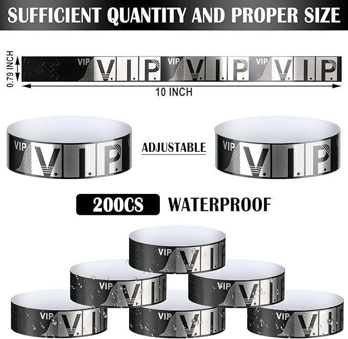 200 Pack VIP Wristbands for Events VIP Bracelets Paper Waterproof Party Wristbands for Events Amusement Parks Concerts Fairs Festivals, 0.79 x 10 Inch(Silver)