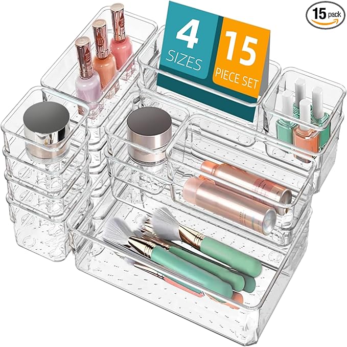 Drawer Organizer, Makeup Organizer, Desk Drawer Organizer, Acrylic Storage Bins for Makeup, Skincare, Jewelry, Office Supplies Used in Vanity, Kitchen, Bedroom, Bathroom, Office - 15pcs