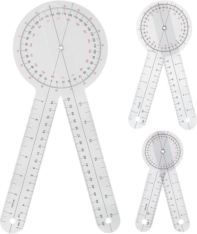 Goniometer Set 3 Pieces of 6/8/12 Inch Occupational Physical Therapy Protractor Tool Measurement Angle Ruler Kit Plastic 360 Degree Universal (3pc)
