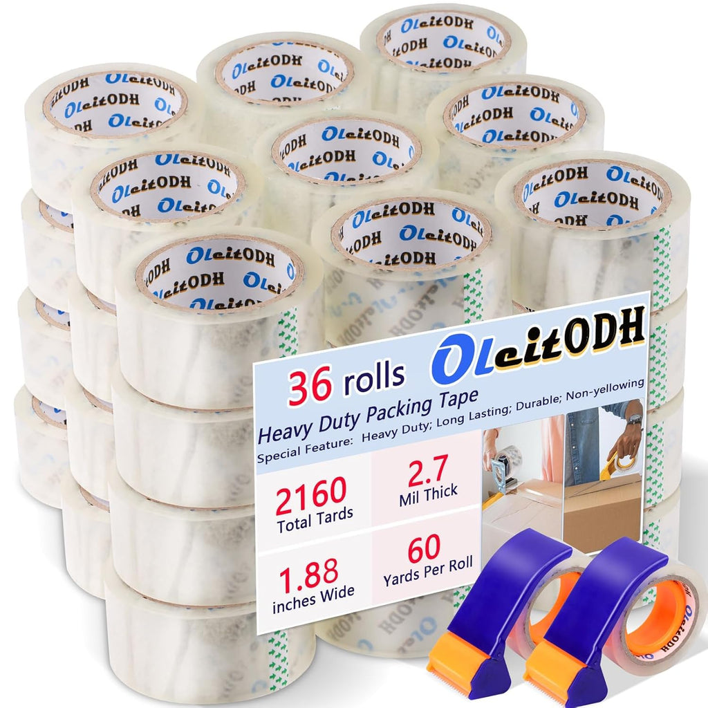 36 Rolls Clear Packaging Tape with Dispenser, 1.88" X 60 yd Shipping Tape Bulk, Total 2160 Yards, 2.7 mil, 3" Core, Heavy Duty Packing Tape Refills for Moving Boxes, Package, Mailing