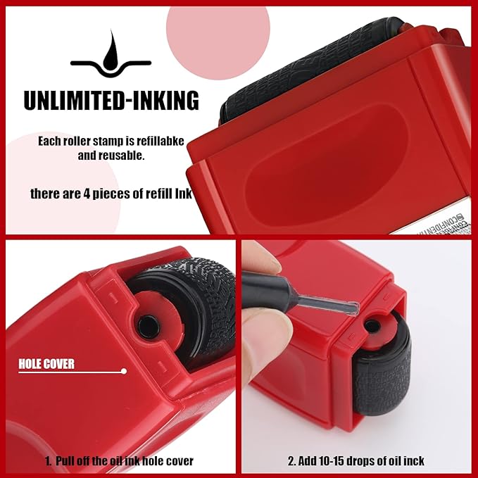 Nezyo 2 Pack Identity Protection Roller Stamp Identity Theft Stamp Confidential Roller Stamp Privacy Stamp Information Blocker Stamp and 4 Pack Refill Ink for ID Account Data Address Security(Red)