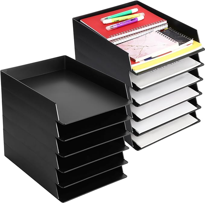 Wenqik 12 Pcs Stackable Paper Trays Rectangular Plastic Desk Tray Holder Desktop Document File Paper Organizer Plastic Storage Letter Tray for Office Classroom, Black