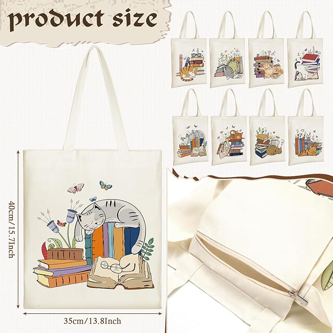 Sweetude 8 Pack Christmas Book Club Gifts Book Lovers Tote Bag Bulk Bookish Canvas bag Librarian Readers Gifts for Women(Cat)
