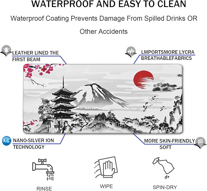 Japanese Landscape Large Mouse Pad, Large Extended Mouse Pad for Home Office Gaming Work 31.5x15.7inch, Big Computer Mousepad Waterproof Non-Slip Rubber Mice Pads Stitched Edges