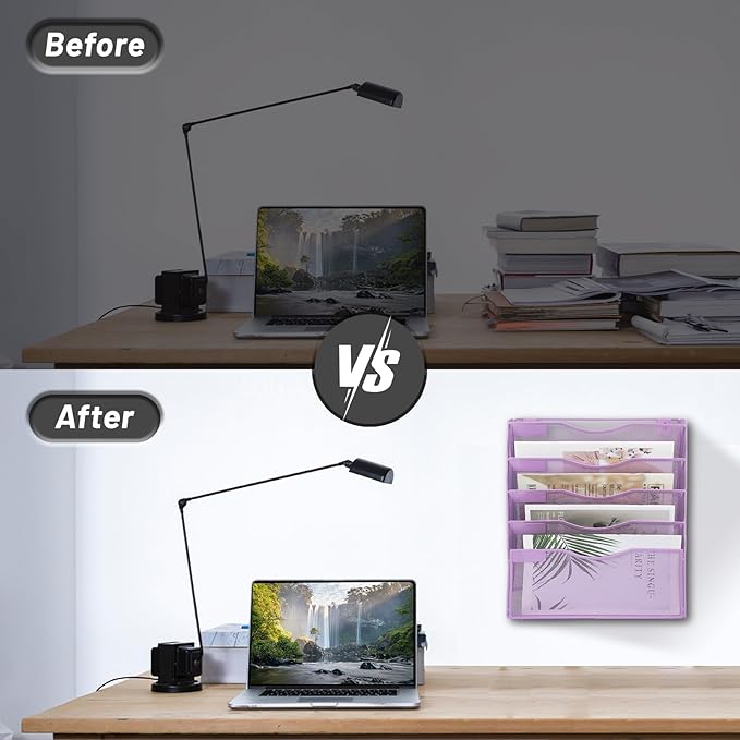 EASEPRES 5 Pocket Mesh Hanging Wall File Organizer, Wall Mounted Mail Paper Document Folder Holder, Clipboard Storage Organization Magazine Rack with Nametag Label for Office Home School, Light Purple