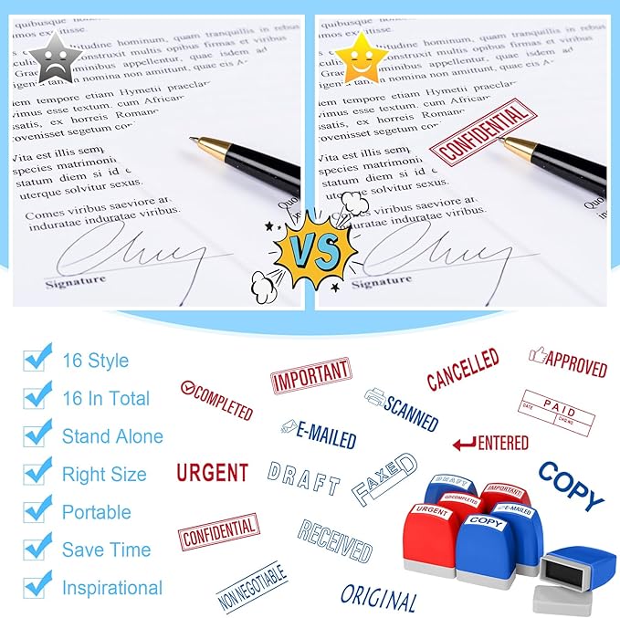 Crtiin 16 Pcs Office Stamp Set Message Self Inking Rubber Stamp Set for Office Stamps Completed Faxed Scanned Stamps for Message Supplies(Red, Blue)