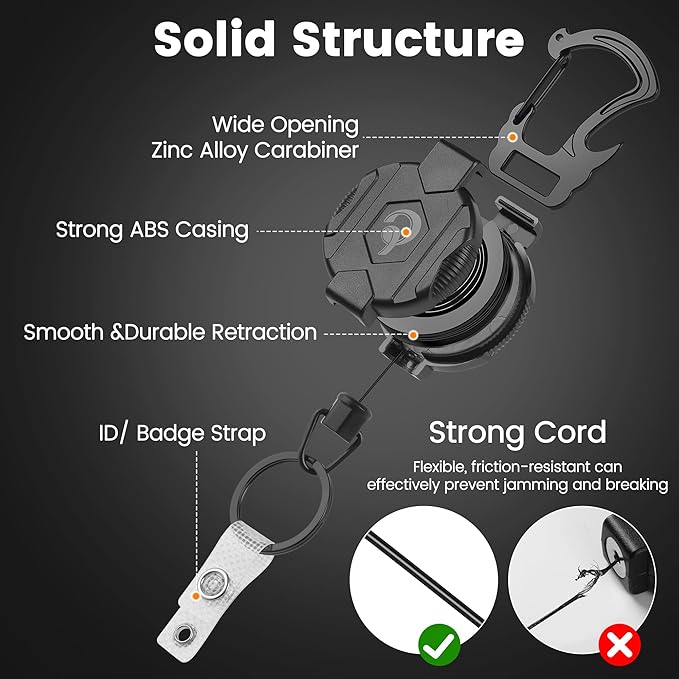 1 Pack Retractable Keychain Heavy Duty Carabiner Badge Holder with Magnetic Closure, Tactical ID Badge Reel for Men with 32” Steel Retractable Cord, Bearing 17 OZ