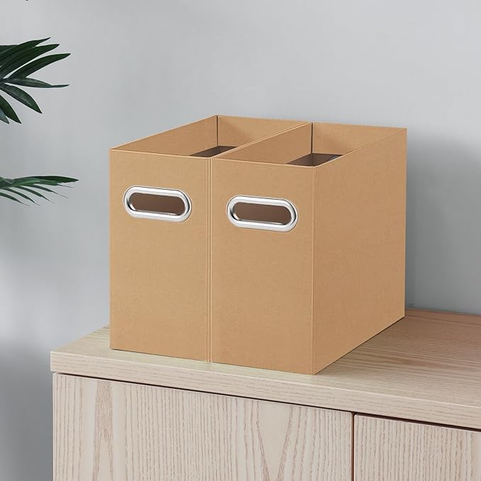 Oterri File Organizer, Small Storage Box, Cardboard File Folder Organizer, Collapsible File Box, Hanging File Organizer for Letter Size, Portable File Box with Handle, Only Box (Brown,2 Packs)