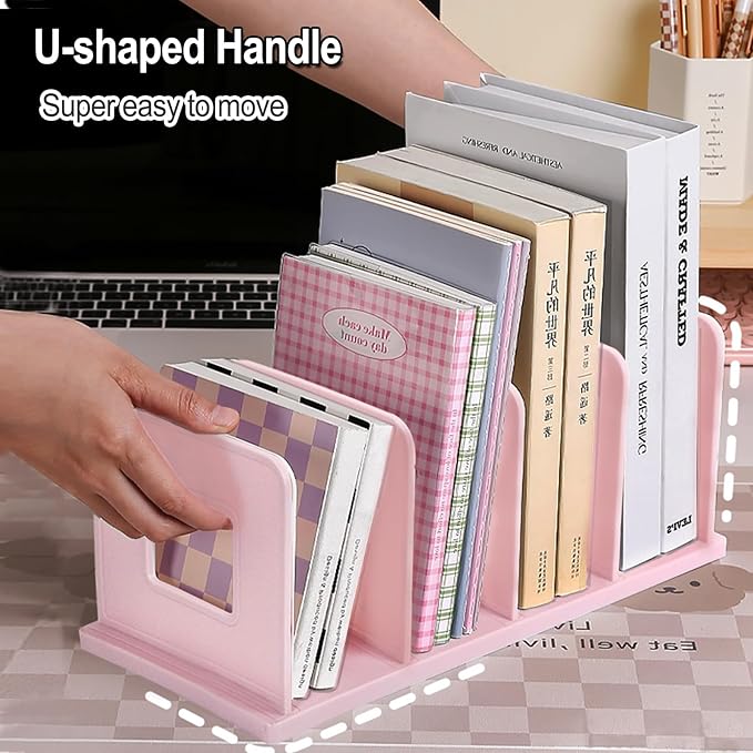 Lemical 4 Section Divider File Folder Holder Desk Book Organizer Desktop Bookshelf File Organizer Portable Plastic Kitchen Under Sink Organizer Pot Rack Handbag Sorter (Pink)