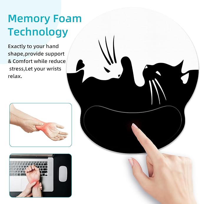 Ergonomic Mouse Pad with Wrist Support,White and Black Cat Mouse Pad with Wrist Rest,Relieve Wrist Pain Mousepad Non-Slip Rubber Base,Mouse Pads for Desk,Computers,Laptop,Office,Home,Accessories