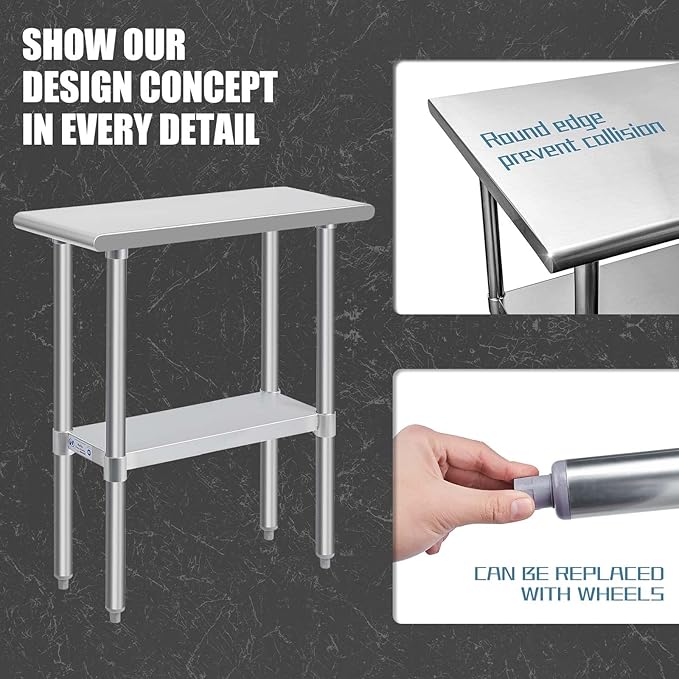 Hally Stainless Steel Table for Prep & Work 30 x 12 Inches, NSF Commercial Heavy Duty Table with Undershelf and Galvanized Legs for Restaurant, Home and Hotel