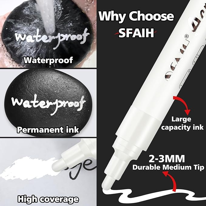 SFAIH White Paint Markers Pens - 4 Pack 2-3MM Medium Tip Acrylic White out Markers for Rock Painting, Wood, Metal, Fabric, Plastic, Canvas, Glass, Ceramic, Diy Crafts, Drawing, Tire, Correction