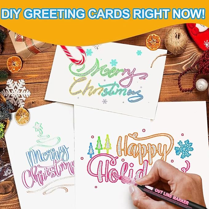 Double Line Outline Markers 36 Colors Super Squiggles Glitter Markers Self Outline Metallic Markers, Shimmer Markers Doodle Drawing Pens for Christmas Greeting Card, Birthday Gift, DIY Art Crafts