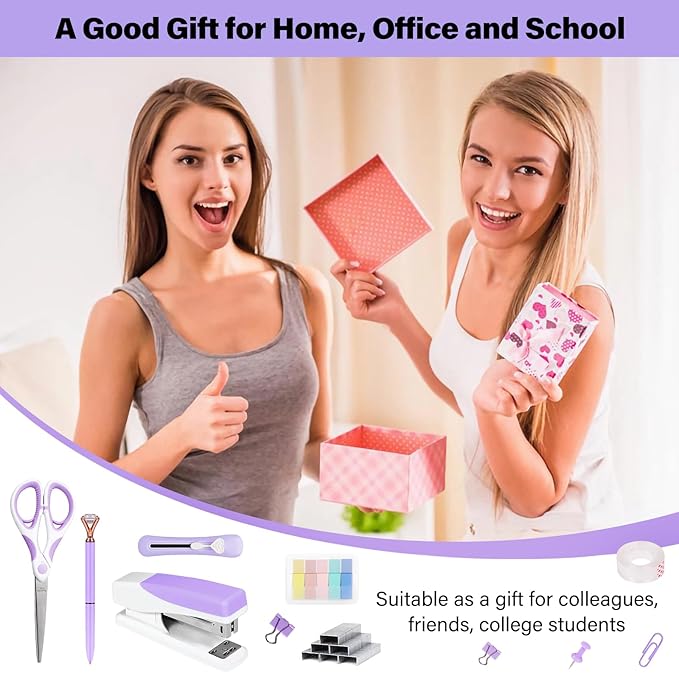 Purple Office Supplies Set 14pcs - Cute Desk Supplies Kit, Stapler and Tape Dispenser Set, Office Essentials Desk Accessories Aesthetic for Women, Students, Teacher