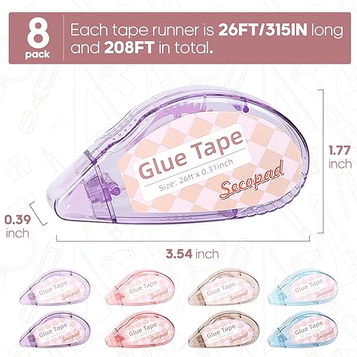 Scrapbook Tape, 8 Pack Double Sided Tape Roller for Crafts, Adhesive Glue Runner Scrapbooking Supplies Journaling School Office Supplies for Kids and Adults, 0.3IN x 26FT