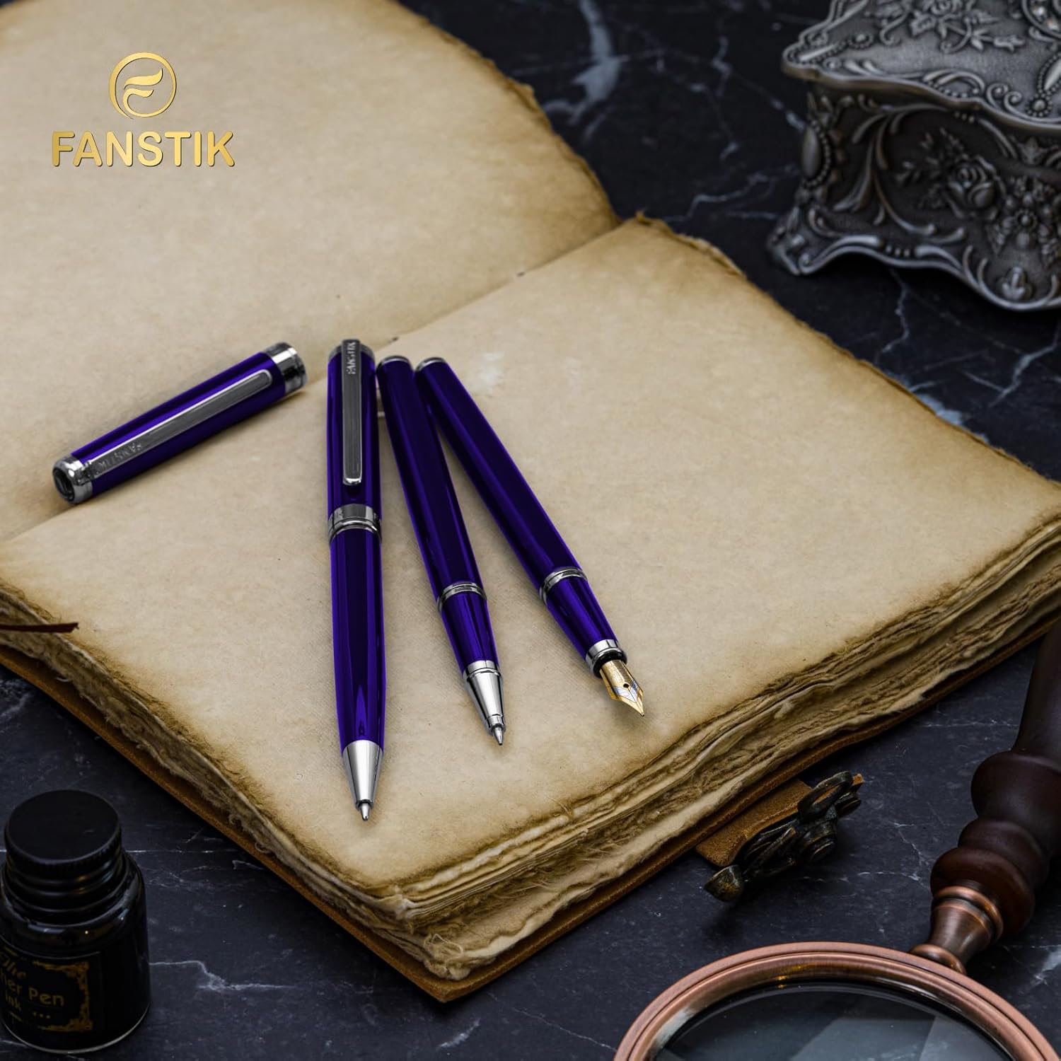 Blue Luxury fountain pen (Made In USA) fancy gift set for women, Real 24K Gold Plating, Professional executive pen gift set for men (Lux fountain Blue)