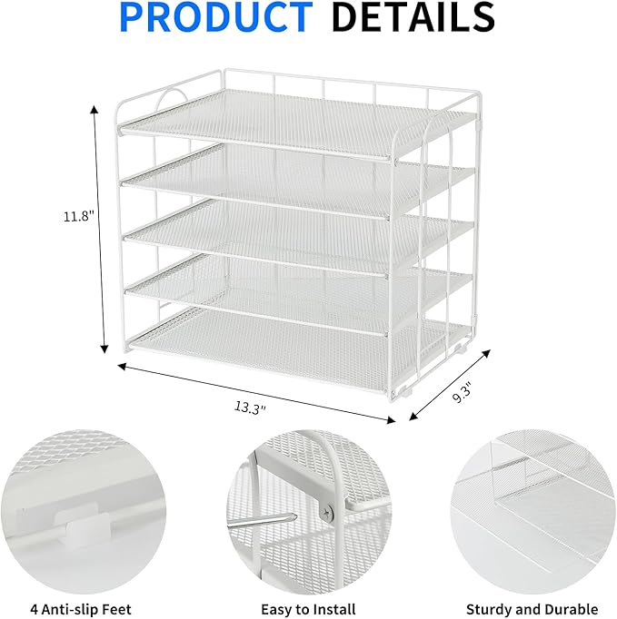 5 Tier Mesh Paper Letter Tray Organizer, Desktop Mail Sorter Office Supplies Organizer for Desk, Desk Organizers and Accessories (White)