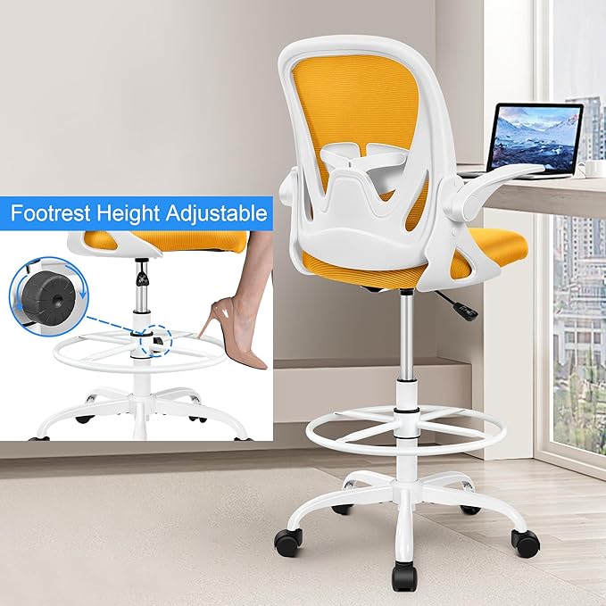 Primy Drafting Chair Tall Office Chair with Flip-up Armrests Executive Ergonomic Computer Standing Desk Chair with Lumbar Support and Adjustable Footrest Ring（Yellow）