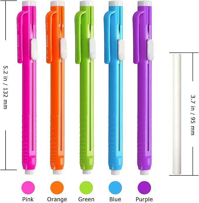 Retractable Mechanical Eraser Pen, Pen-Style Erasers Assorted Color, 5 Pack
