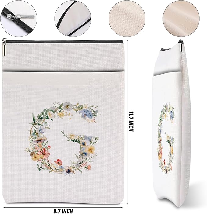 Monogrammed Book Sleeve Floral G Initial Book Pouch Book Accessories Book Lovers Gifts Waterproof Book Cover Book Protector Bookish Gifts Personalized Gifts for Women Girls Readers Bride Coworker