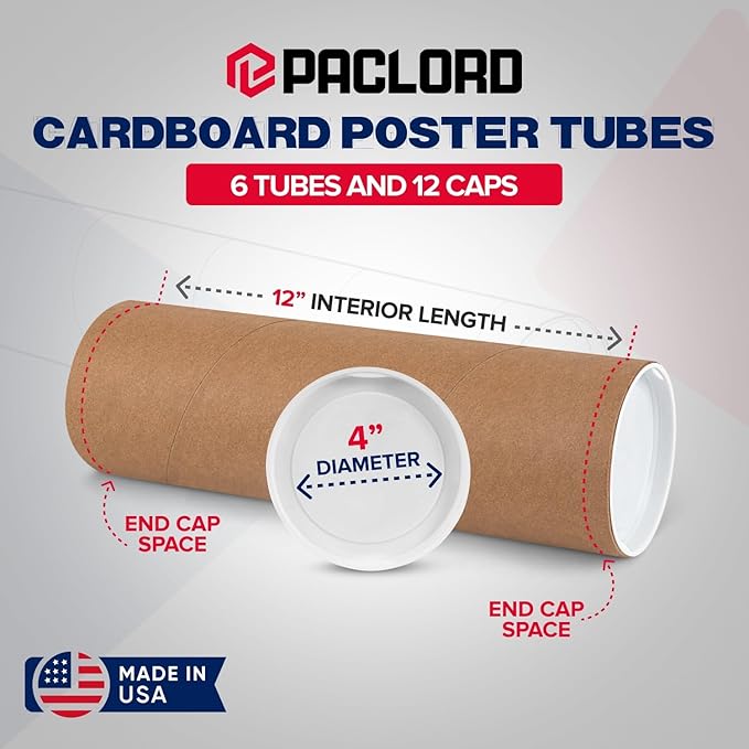 4" x 12" Reinforced Kraft Paper Mailing Tubes, Pack of 6 Tubes with 2 Caps Each – USPS Approved Poster Tube – Made in USA Cardboard Tube for Shipping and Storing Posters, Prints, Artwork, or Documents