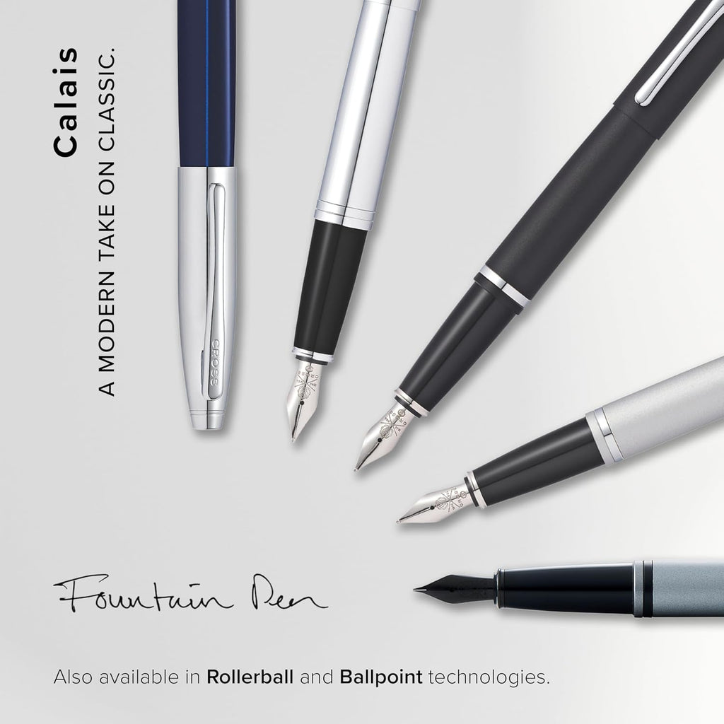 Cross Calais Refillable Fountain Presented in a Luxury Gift Box - Medium Point, Black Ink, Chrome & Blue