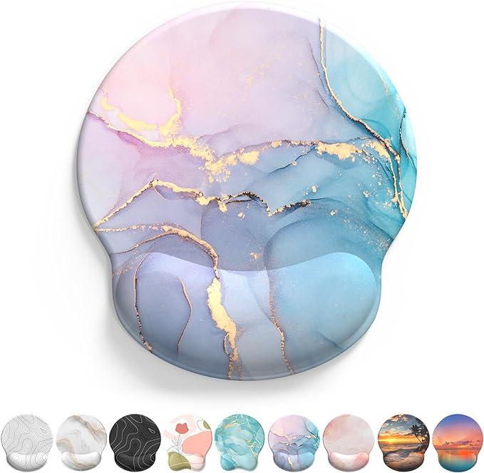 eulps Mouse Pad with Wrist Rest, Comfortable Computer Mousepad with Gel Wrist Support Smooth Surface and Non-Slip PU Base for Pain Relief, Laptop, Office & Home (Cyan Pink Marble)