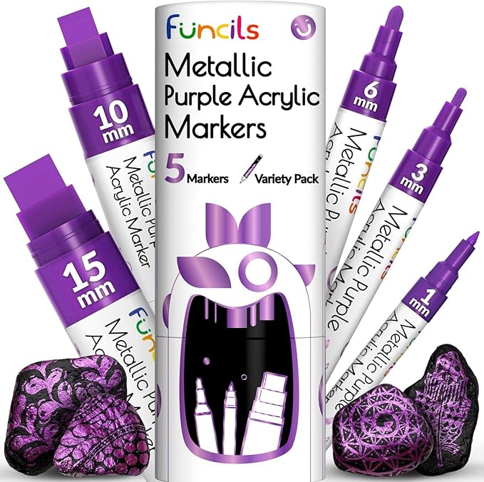 5 Metallic Acrylic Purple Paint Pen - Extra Fine Tip, Thin & Jumbo (1mm, 3mm, 6mm, 10mm, 15mm) - Markers for Fabric, Metal, Plastic, Canvas, Wood, Rock Painting, Glass, Purple Permanent Marker