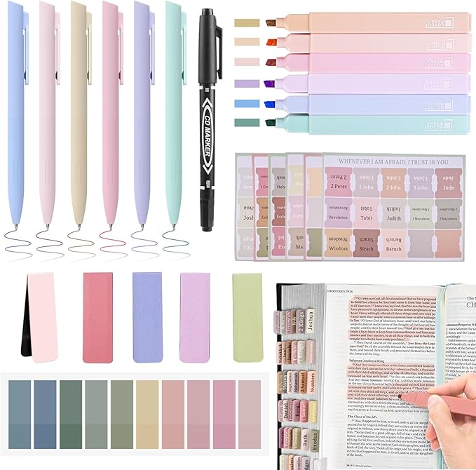Bible Journaling Kit, Include 6 Bible Highlighters and 6 Pens No Bleed, 90 Laminated Bible Tabs, Magnetic Bookmarks, Sticky Notes, Bible Study Supplies Essentials Set for Women & Men