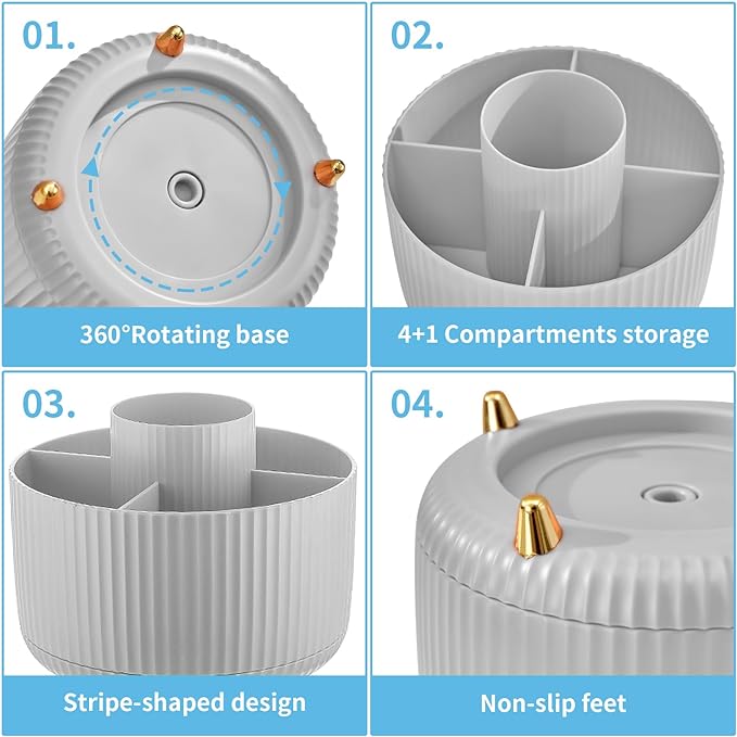 Marbrasse Desk Organizer, 360-Degree Rotating Pen Holder for Desk, Desk Organizers and Accessories with 5 Compartments Pencil Organizer, Art Supply Storage Box Caddy for Office, Home (Grey)