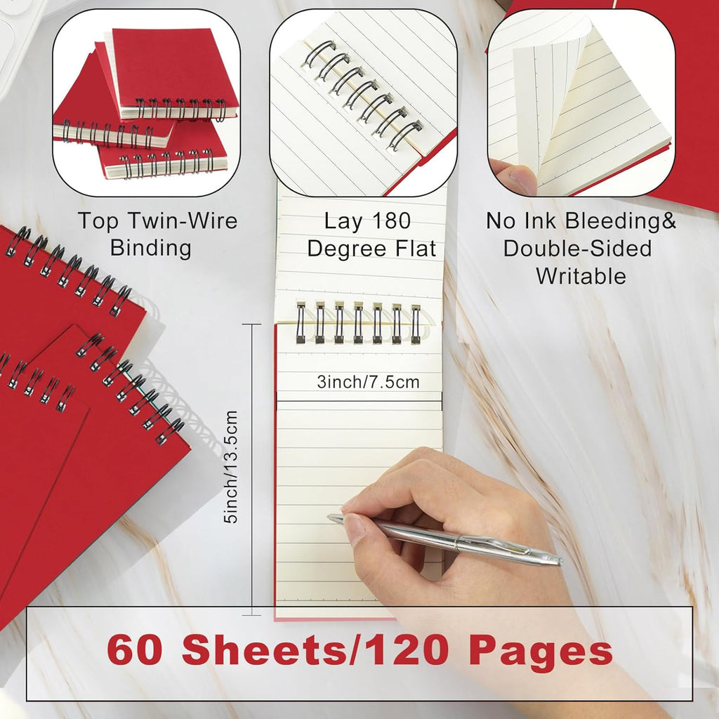 Tenceur 6 Pcs Pocket Notebook Bulk Small 3x5 Inch Spiral Notepads Mini Top Bound Notebook with Lined 120 Pages Ruled Memo Pads for Office College Nurse Essentials Back to School Gift (Red)
