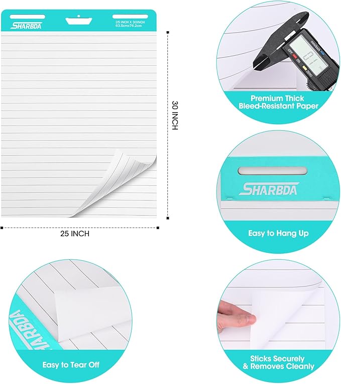 Lined Sticky Easel Pad, 25 in x 30 in,Flip Chart Paper,Sticky Chart Paper for Teachers, Large Self-Stick Easel Paper,Super Sticky & Bleed-Resistant,30 Sheets/Pad,10 Pads