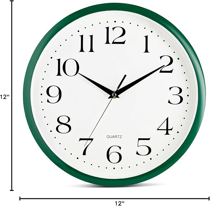 Bernhard Products Hunter Green Wall Clock Silent Non Ticking - 12 Inch Quality Quartz Battery Operated Round Easy to Read Home/Kitchen/Office/Classroom/School Clock