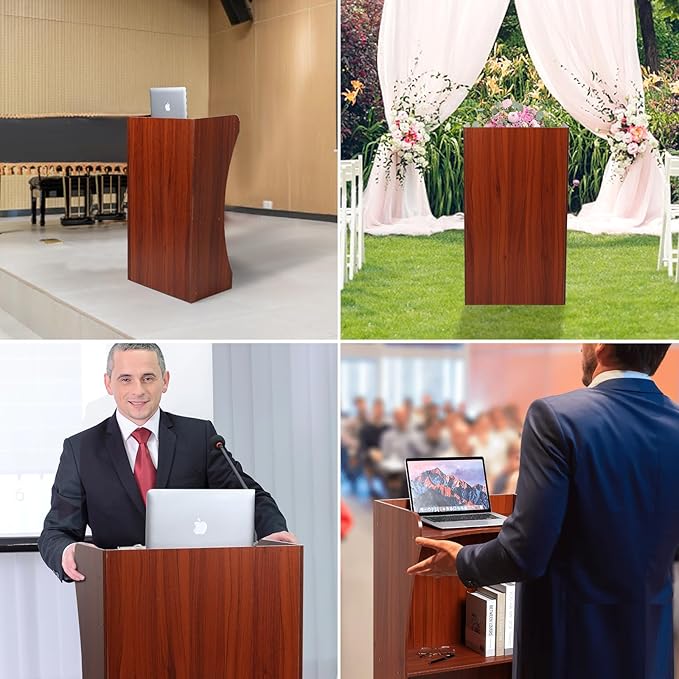 Podium Stand with Wheels, Wooden Versatile Reddish Brown Lectern for Classroom, Church Pulpits, Reception Desks, Lectures, Cash Registers