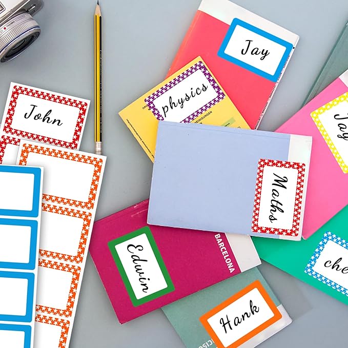 Removable Name Tags, 3 1/2" x 2 1/4", White with Colorful Border, 120 Waterproof Name Badges for Office,School,Classroom and Home