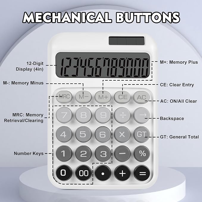 Mechanical Switch Calculator with Big Buttons, Calculators Desktop, 12 Digits, Solar Battery Power, Desk Calculator, Large LCD Display, Cute White Calculator for Teachers Students Basic Office