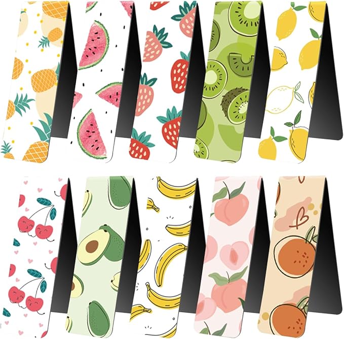 WAVEYU Magnetic Bookmarks, Cute Magnet Page Markers Assorted Book Markers for Book Lovers Students Teachers Adults Kids for School Home Office Reading Stationery,10 Fruit Pattern Designs