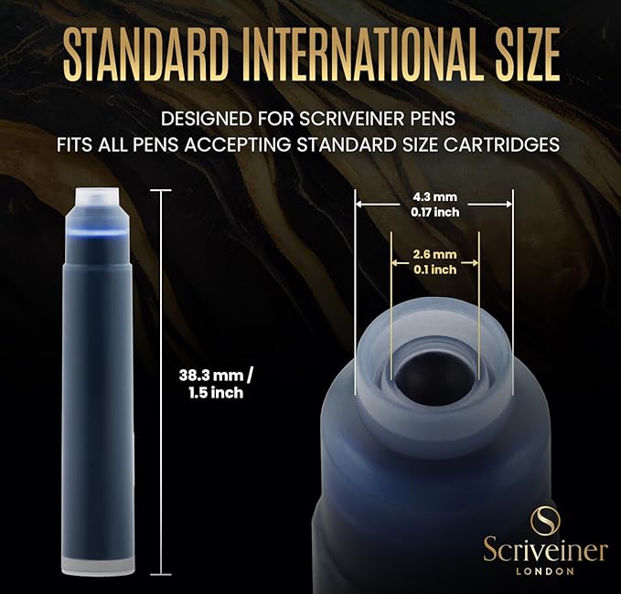 Scriveiner Fountain Pen Ink Cartridges - Blue - 20 Standard International Ink Cartridges, Made in UK, The Best Cartridge for Your Scriveiner Pen, Refill Size Fits A Wide Range of Fountain Pens